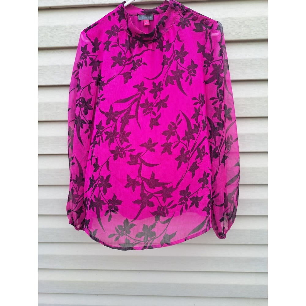 Vince Camuto Women's Bright Magenta Floral Long Sheer Sleeve Lined Blouse Top M - Picture 5 of 13